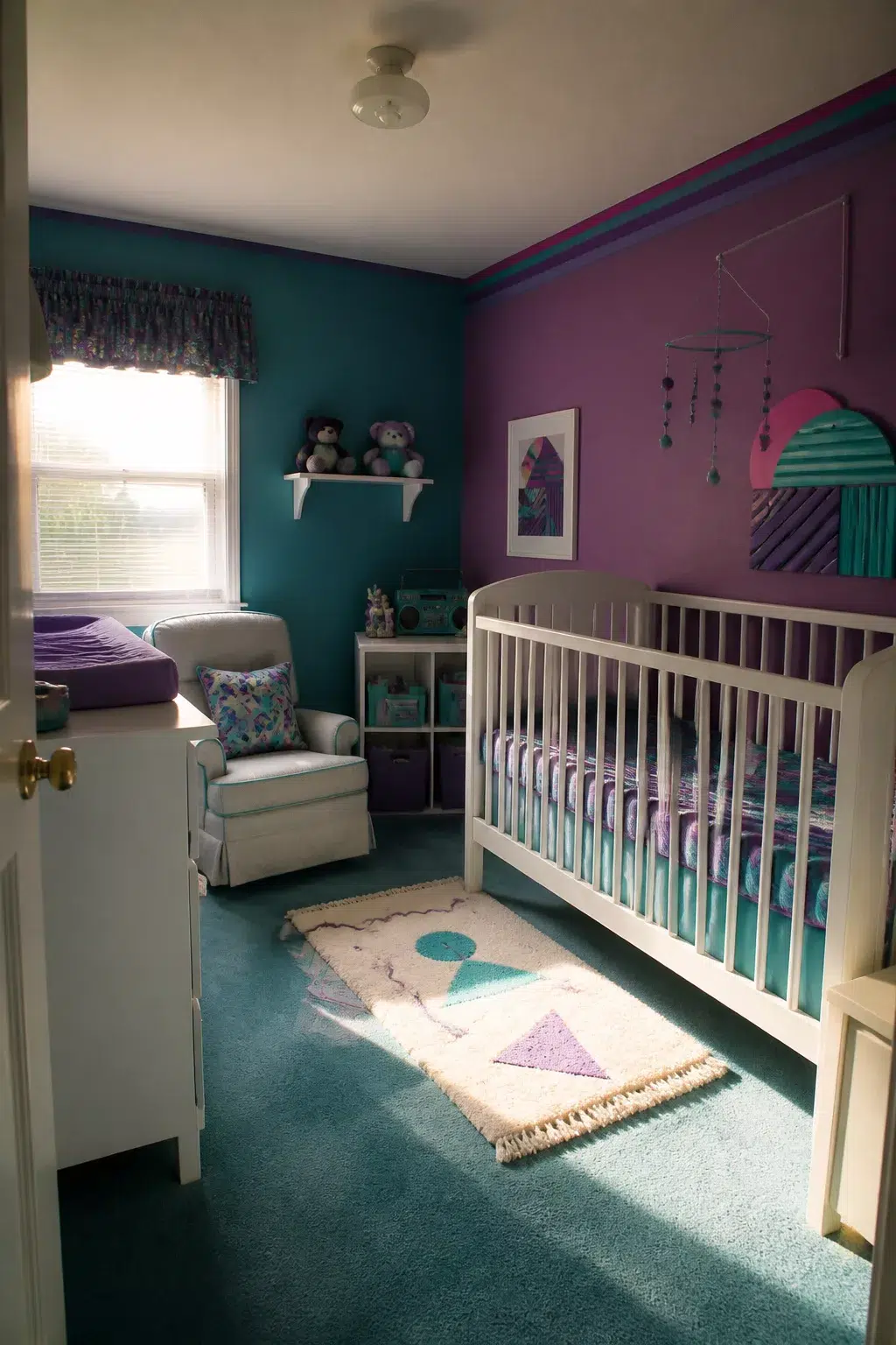 90s nursery with teal and purple walls, white crib, geometric rug, and retro hot pink border trim