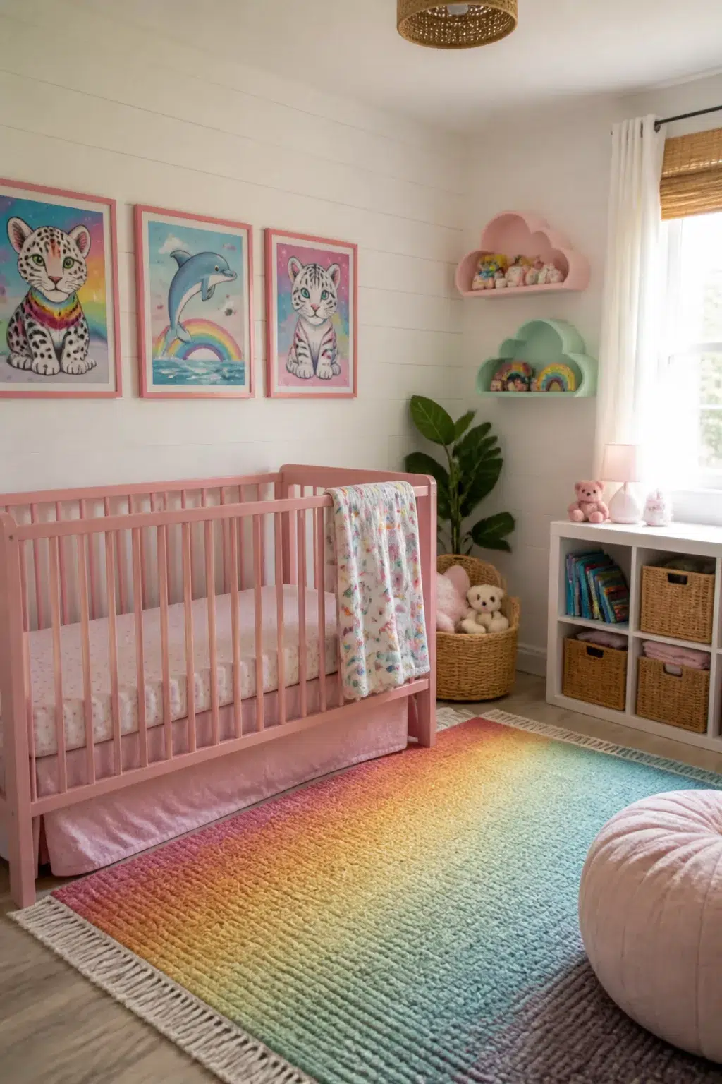 Lisa Frank-inspired 90s nursery with rainbow animal prints, pink crib, and ombre rainbow rug