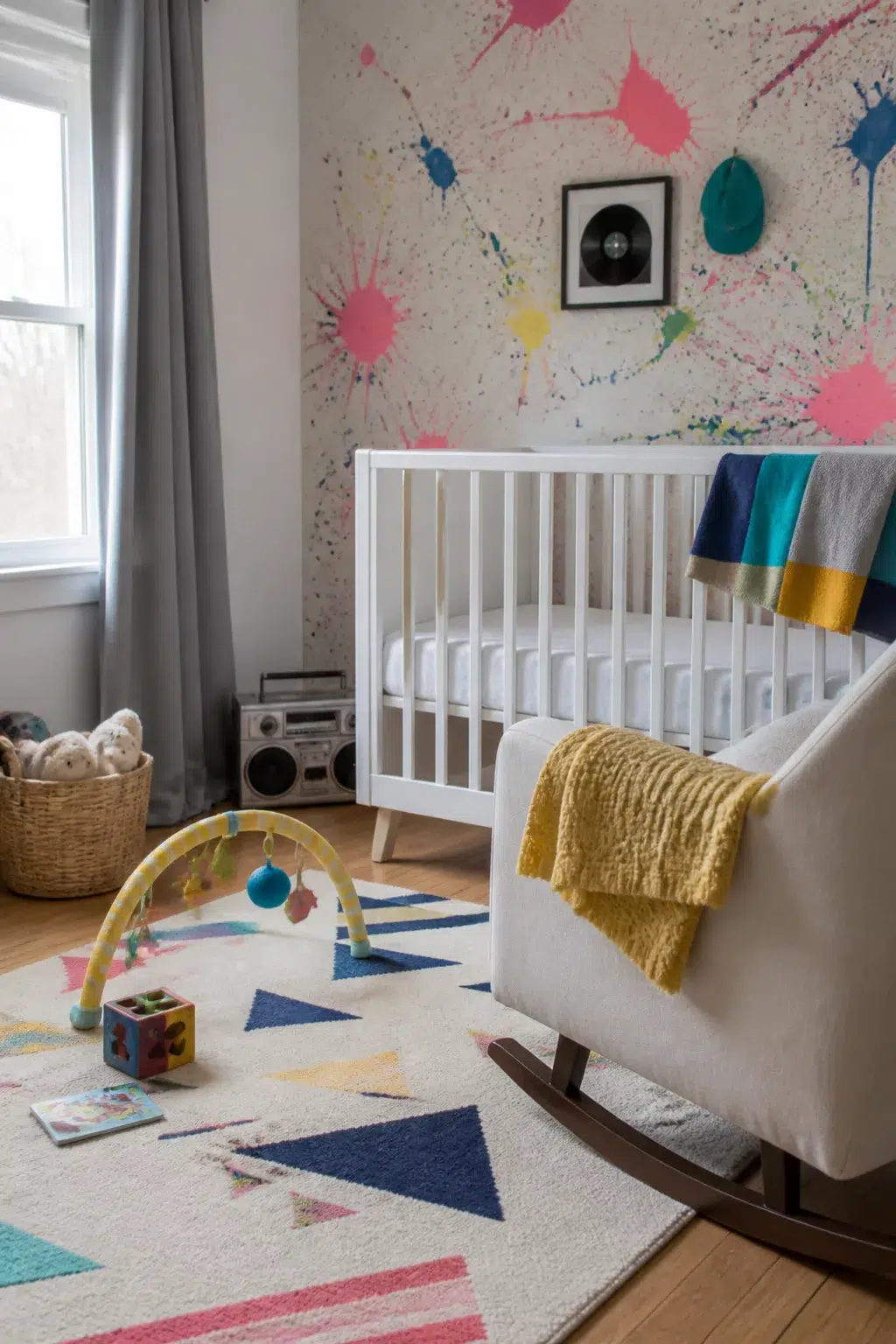 90s nursery with splatter paint accent wall, white crib, rocking chair, and colorful geometric rug