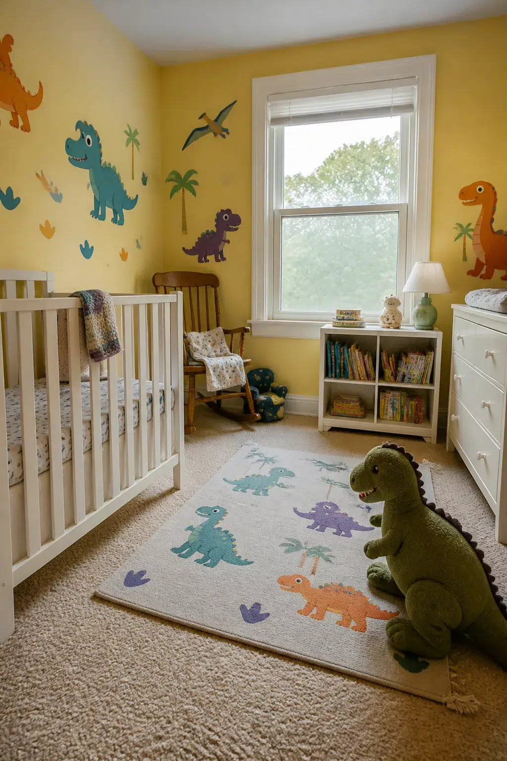 90s nursery with yellow walls, dinosaur wall decals, matching rug, white crib and dresser