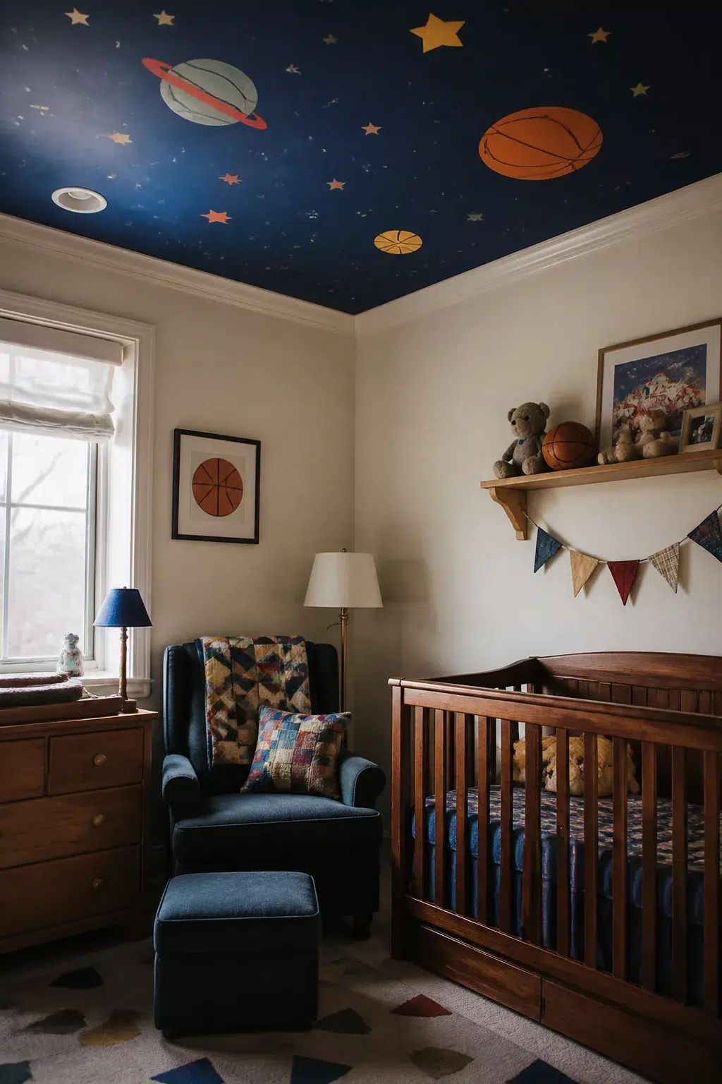 90s nursery with galaxy ceiling mural featuring planets and a basketball, navy glider, and wood crib