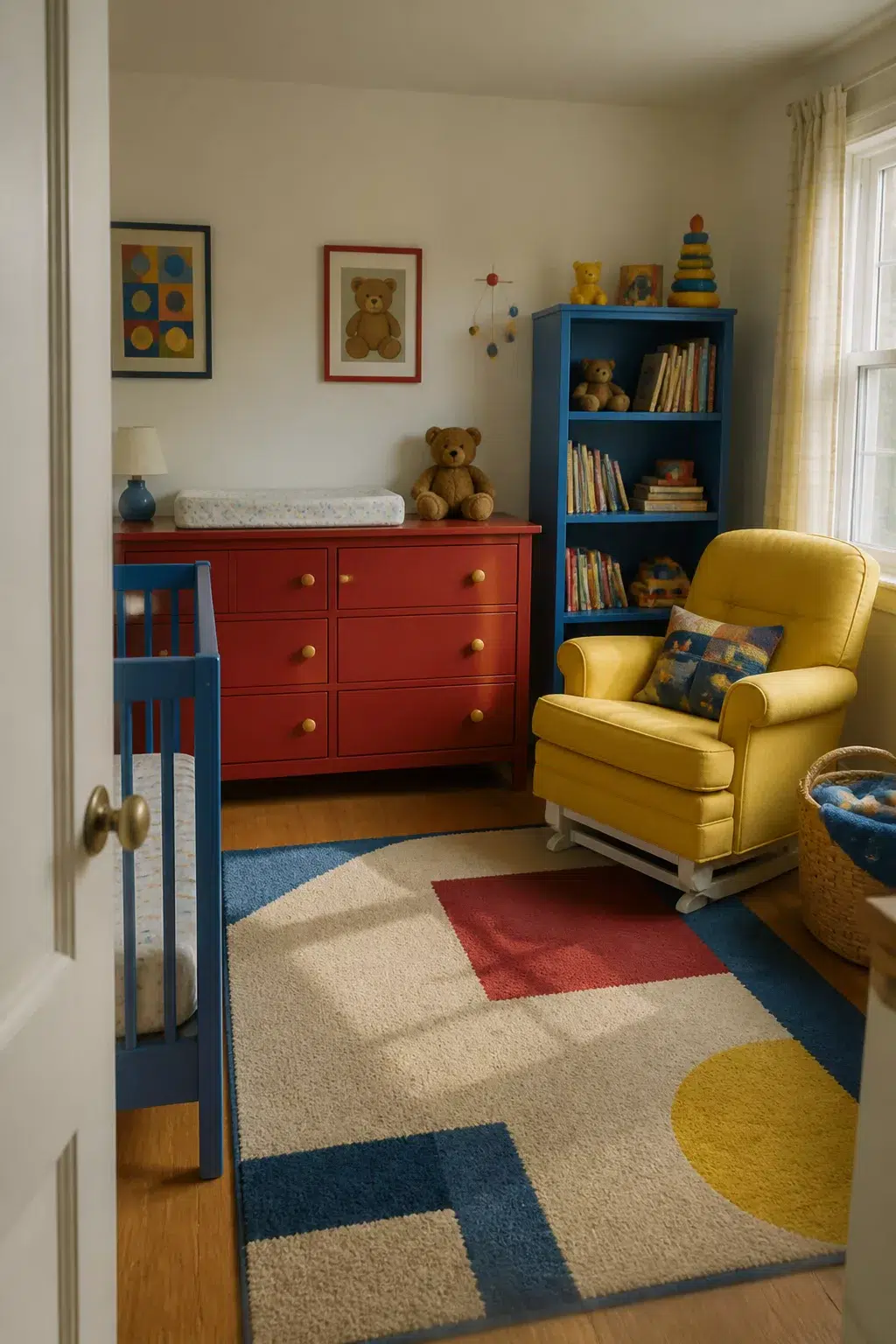 Retro 90s nursery with red dresser, blue bookshelf, yellow glider, and primary color block rug