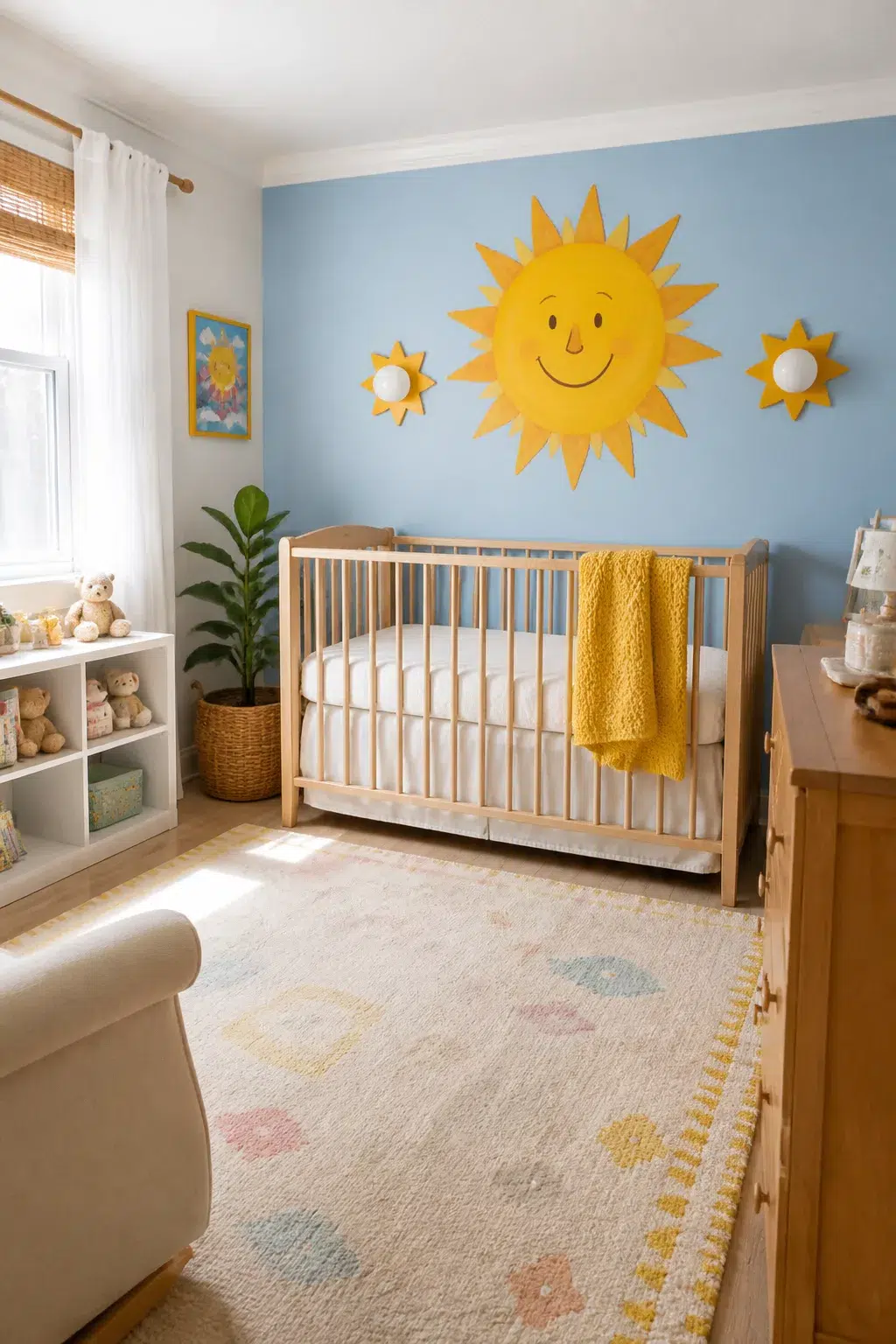 90s nursery with smiling cartoon sun wall art on a sky blue accent wall above a natural wood crib