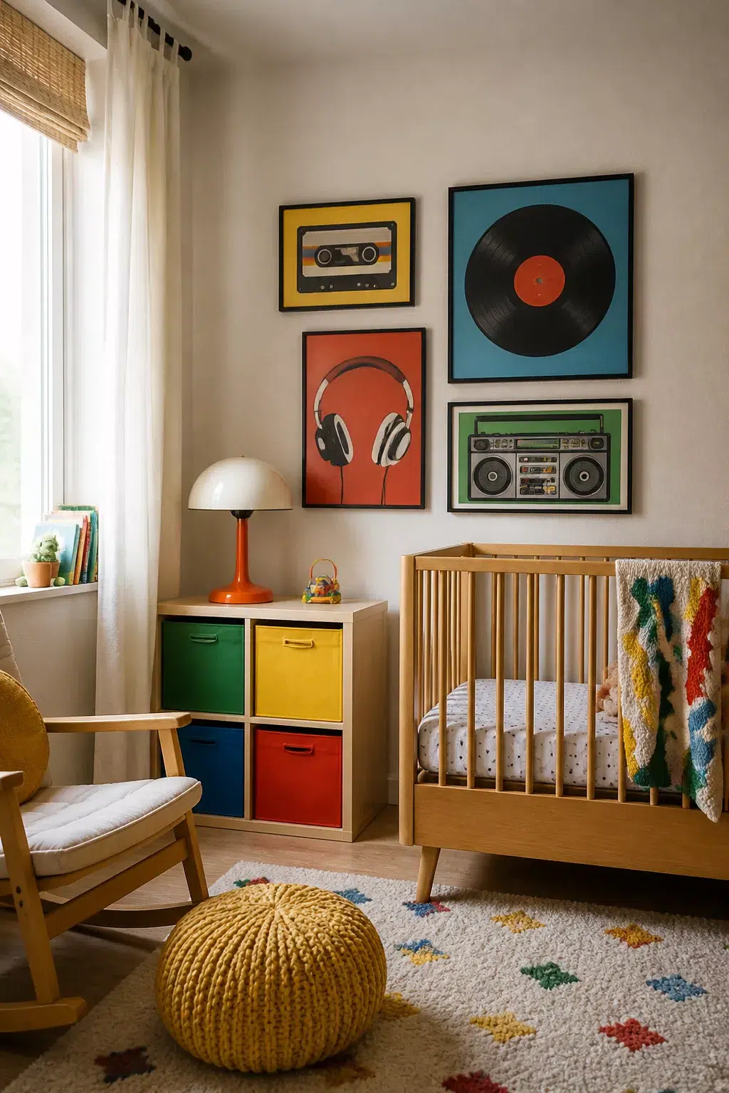 90s nursery with retro music gallery wall, vinyl and boombox prints, wood crib, and colorful cube storage