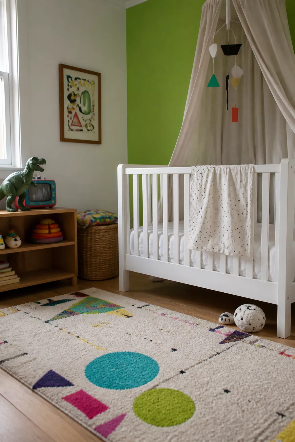 90s nursery with slime green accent wall, white crib with canopy, and colorful geometric shapes rug