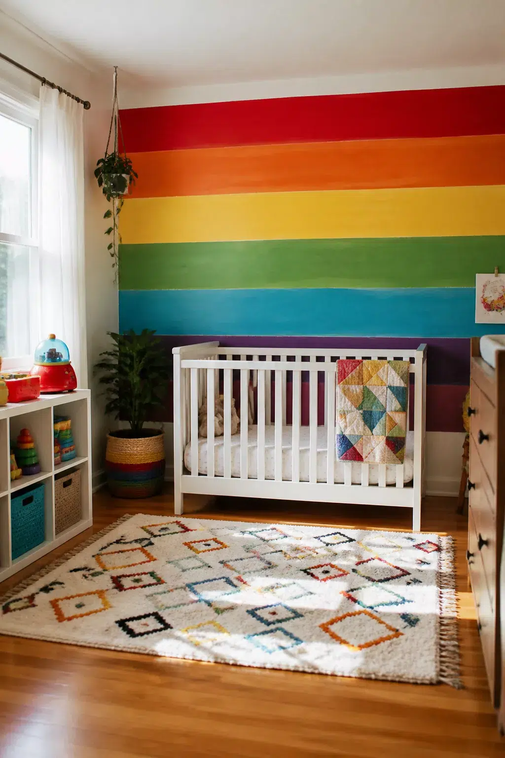 Rainbow stripe feature wall in a 90s nursery with white crib, patchwork quilt, and geometric rug