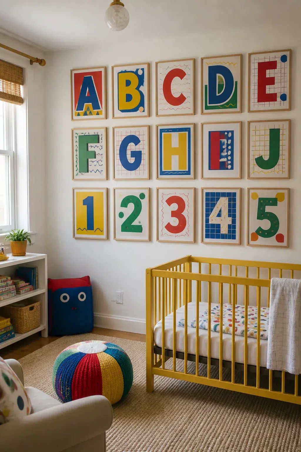 Retro 90s nursery with alphabet and number gallery wall prints, yellow crib, and primary color decor