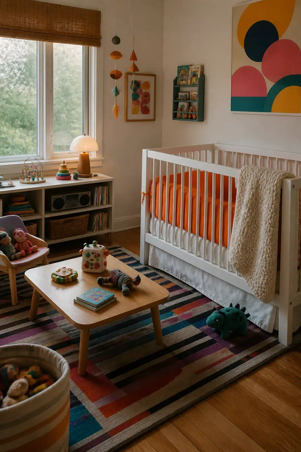 90s nursery with neon orange crib liner, chunky knit throw, and colorful striped rug on hardwood floor
