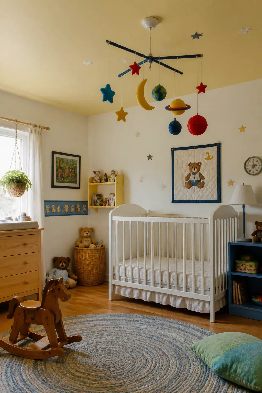90s nursery with a felt planet and star crib mobile in primary colors, white crib, and wooden rocking horse