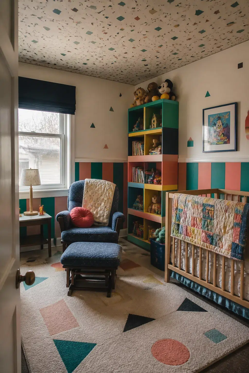 Maximalist 90s nursery with terrazzo ceiling, colorblock bookshelf, stripe walls, and geometric shapes rug