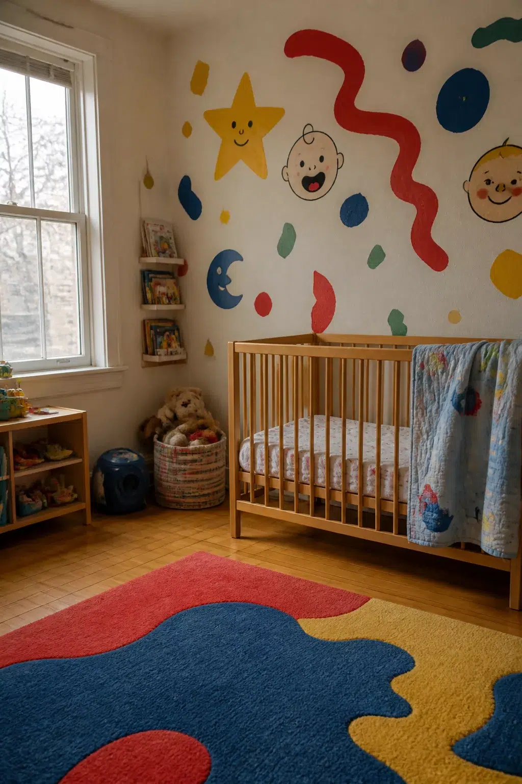 90s nursery with cartoon face wall decals, squiggles, primary colors, and a wood crib
