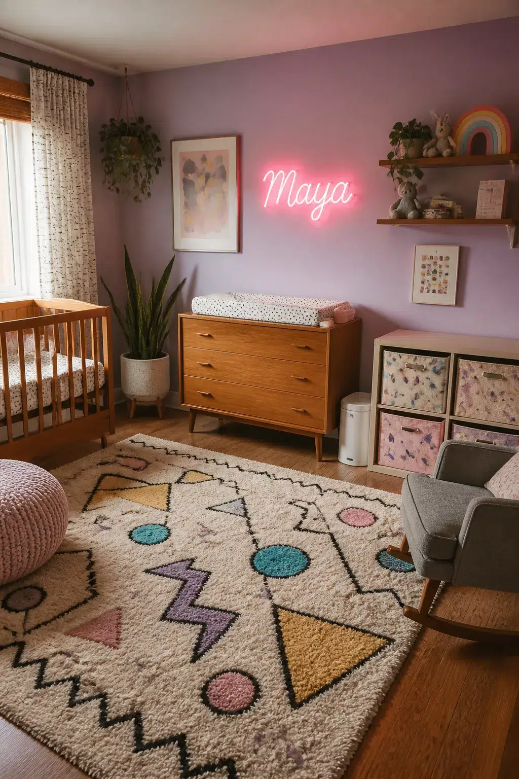 90s nursery with pink neon name sign, lilac walls, wood dresser, and colorful geometric shag rug