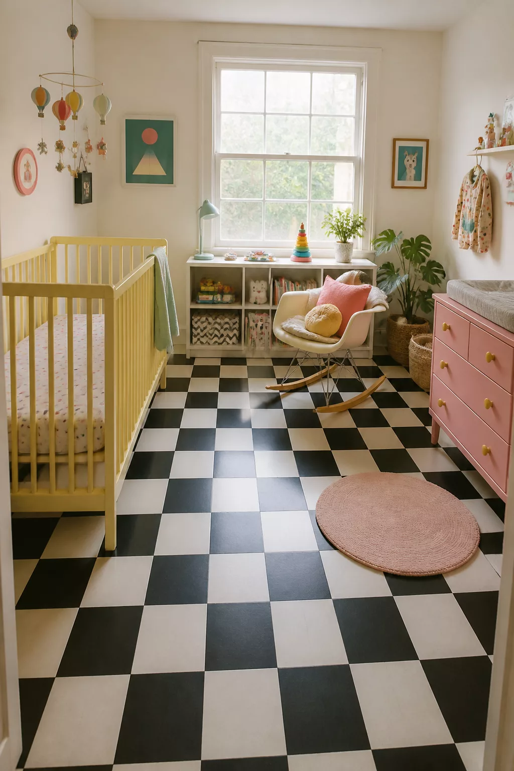 Retro 90s nursery with black and white checker vinyl floor, yellow crib, and pink dresser