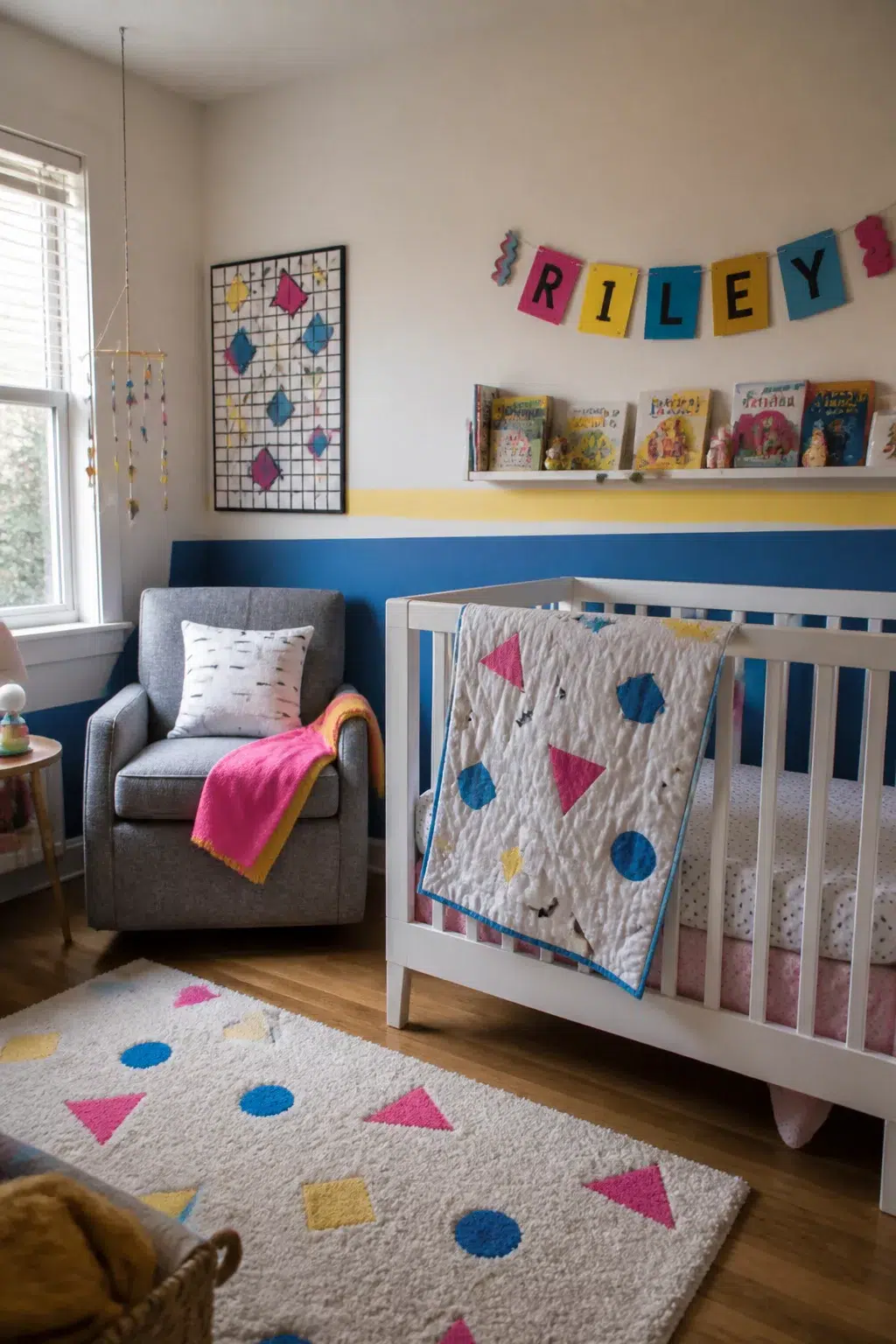 90s nursery with cobalt blue and yellow two-tone walls, geometric quilt on white crib, and primary color shape rug