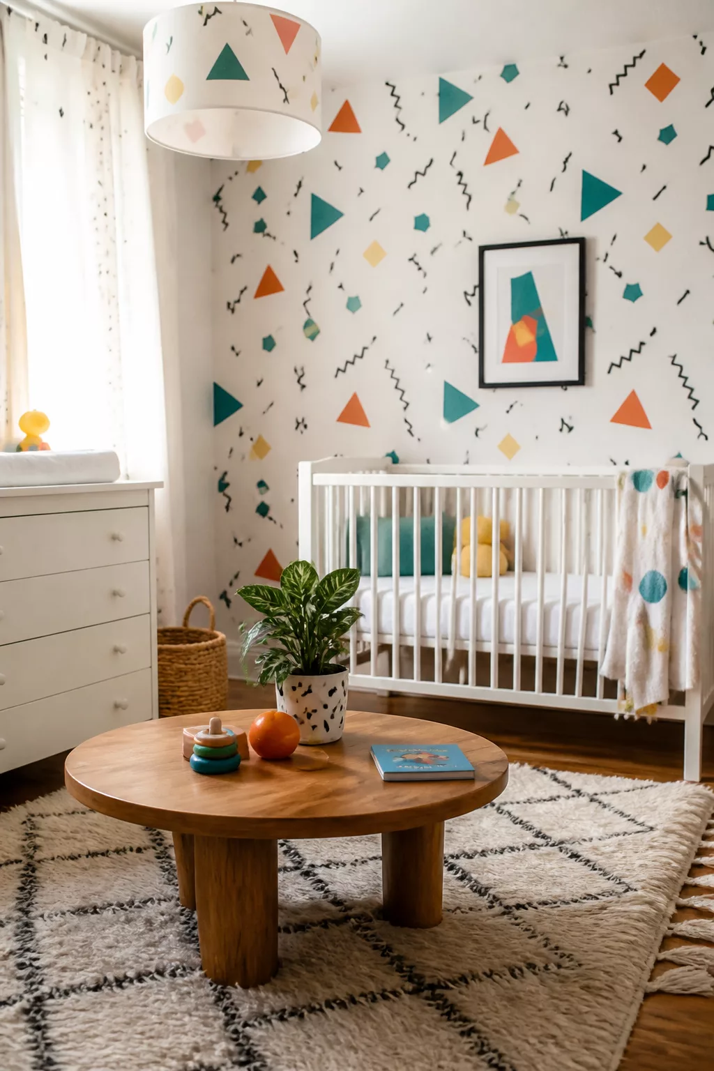 90s nursery with colorful triangle and squiggle wallpaper, white crib, and walnut coffee table