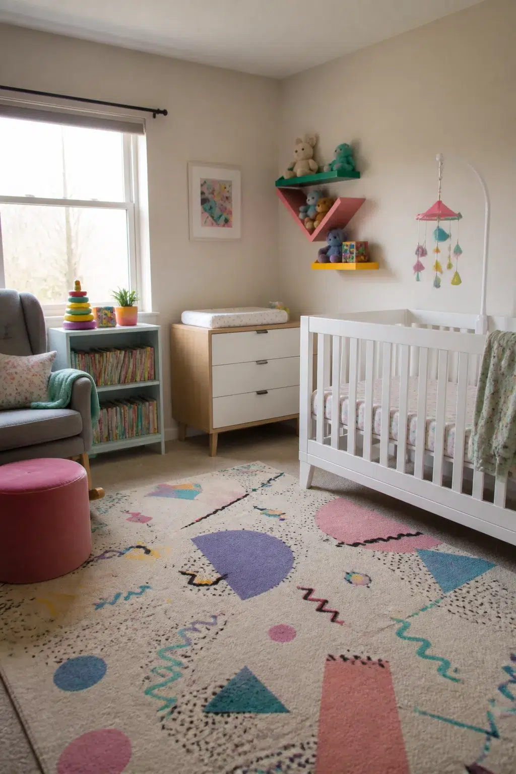 90s nursery with Memphis design geometric rug, pastel floating triangle shelves, and white crib