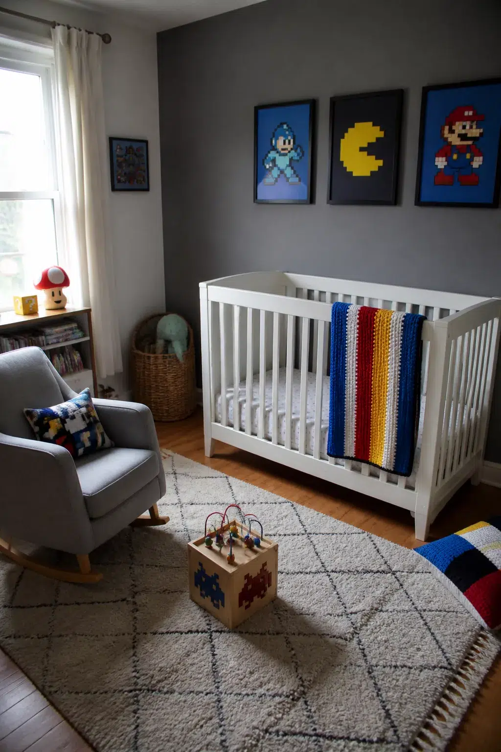 Retro 90s nursery with pixel art gaming prints, white crib, and crocheted striped blanket on gray walls.