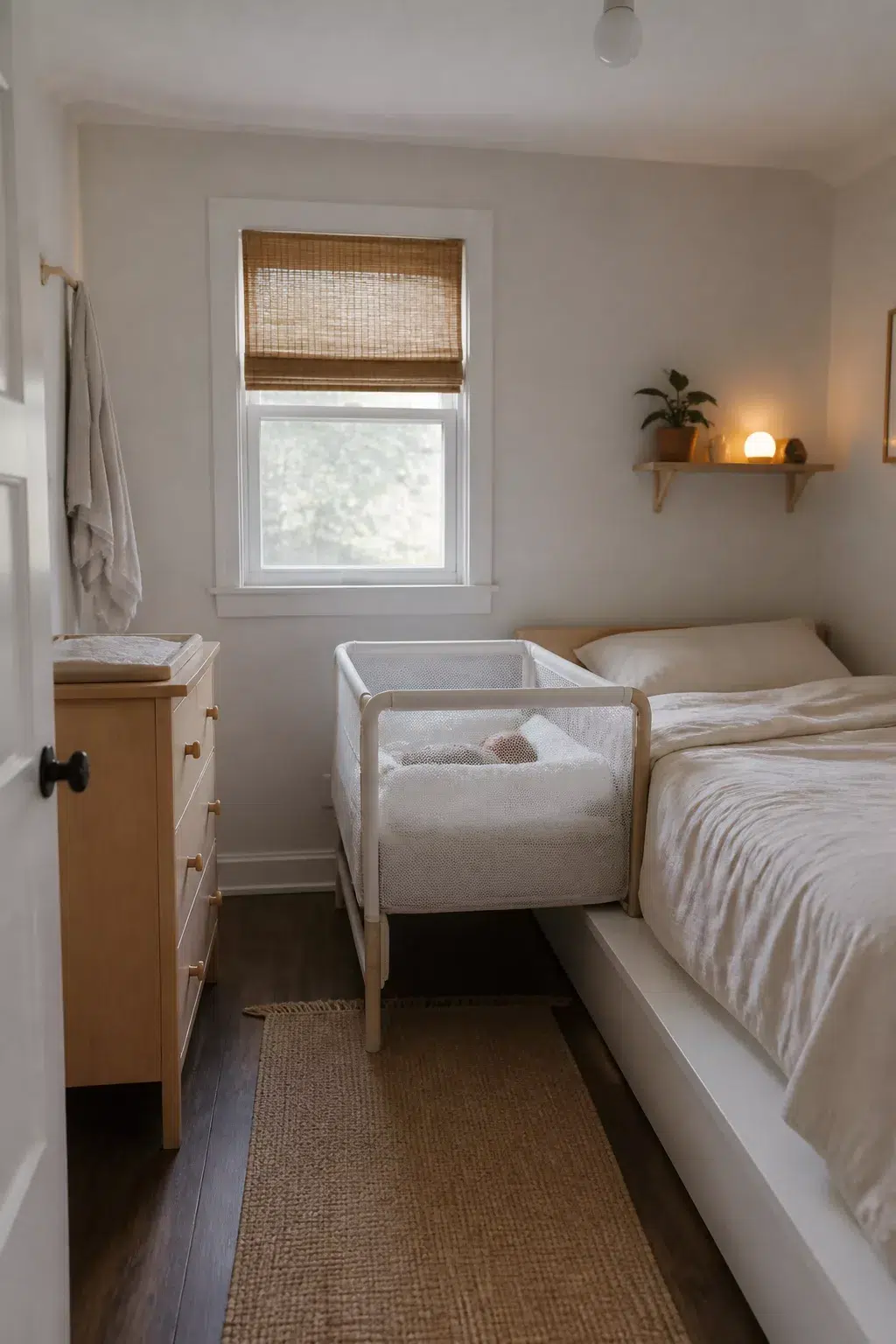 Bedside crib small room nursery ideas with white linen bedding, bamboo shade, and a bassinet beside the parent bed.