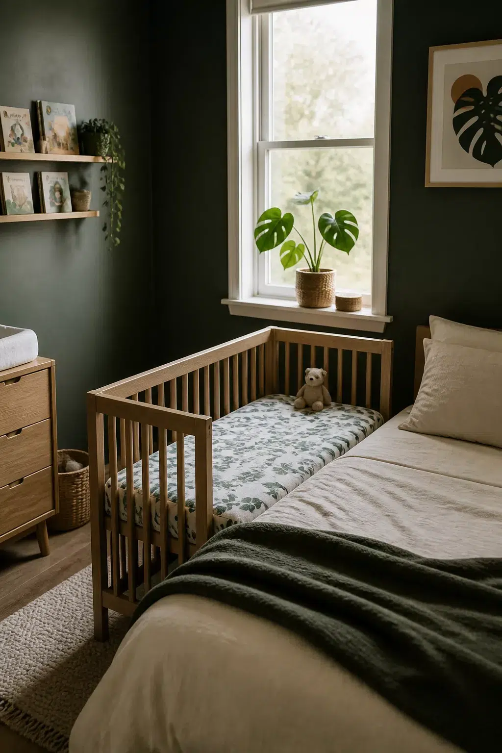 Dark olive walls and oak bedside crib small room nursery ideas with monstera plant and botanical crib sheet