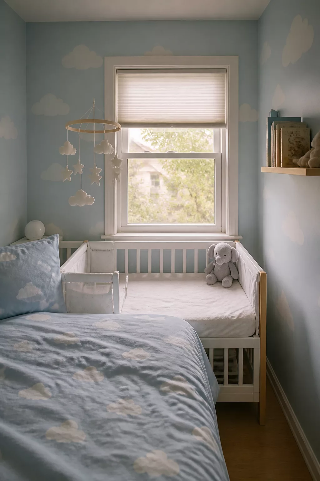 Bedside crib small room nursery ideas with blue cloud walls, felt mobile, and white rail crib beside parent bed.