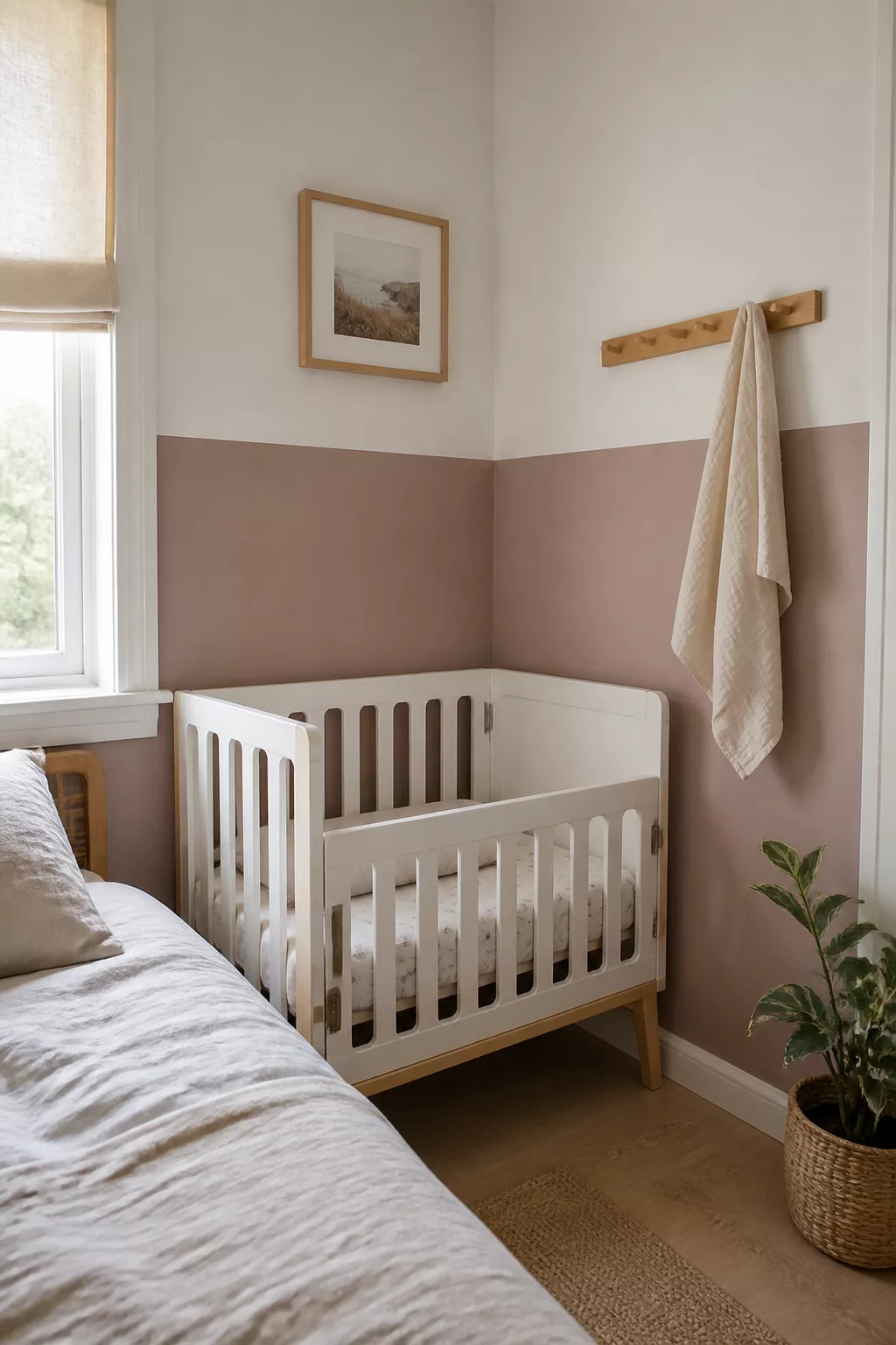 Dusty mauve colorblock half-wall nursery with white bedside crib small room nursery ideas and wood peg rail