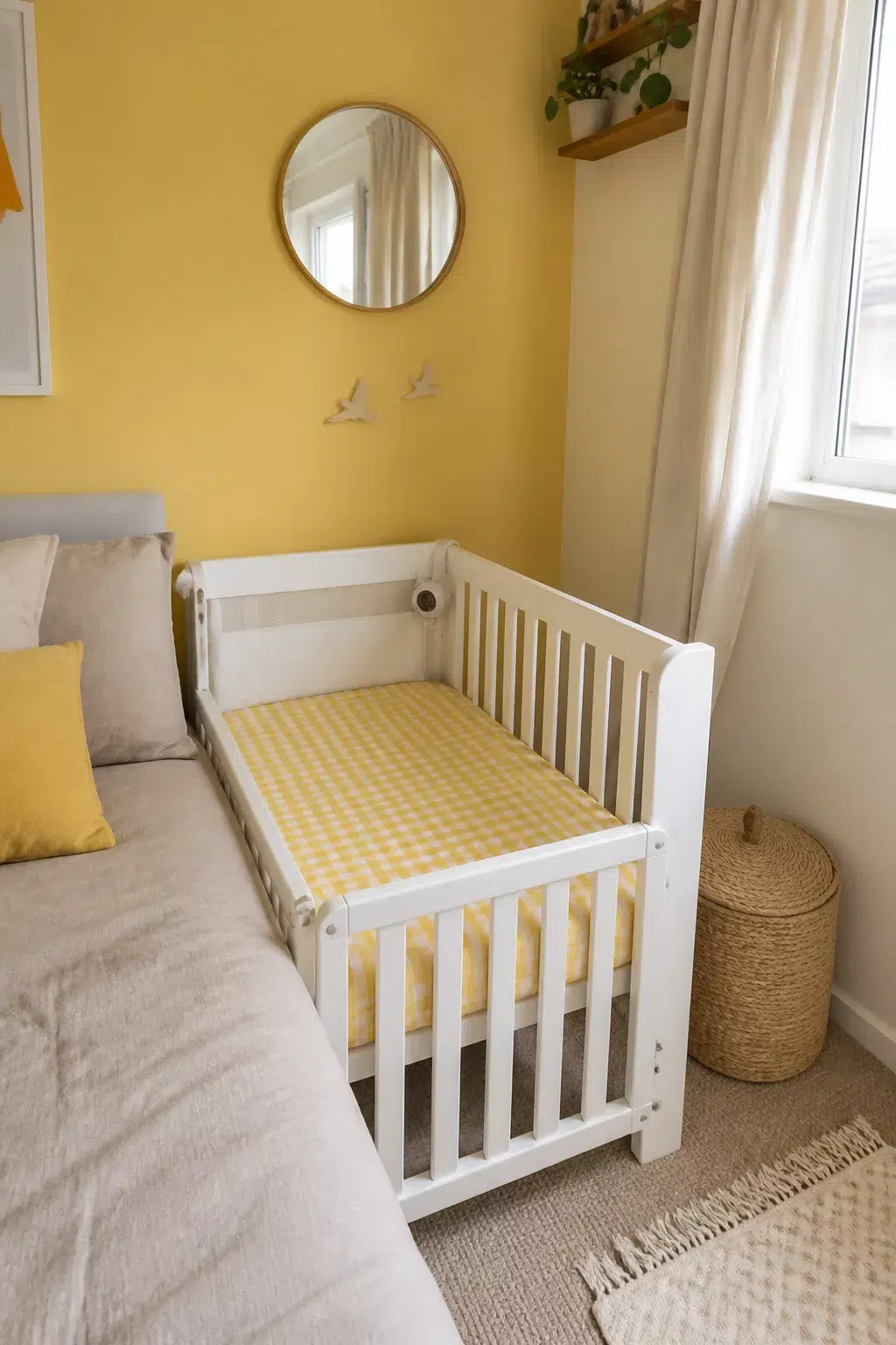 Lemon yellow small room nursery with white bedside crib and gingham sheet — bedside crib small room nursery ideas