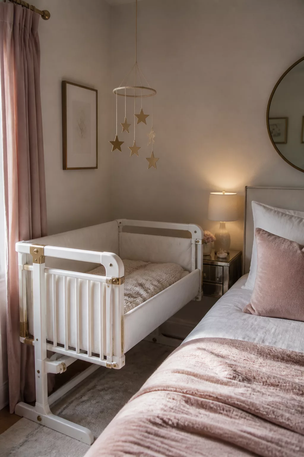 Bedside crib in a small room nursery with blush pink curtains, gold star mobile, and warm lamp glow