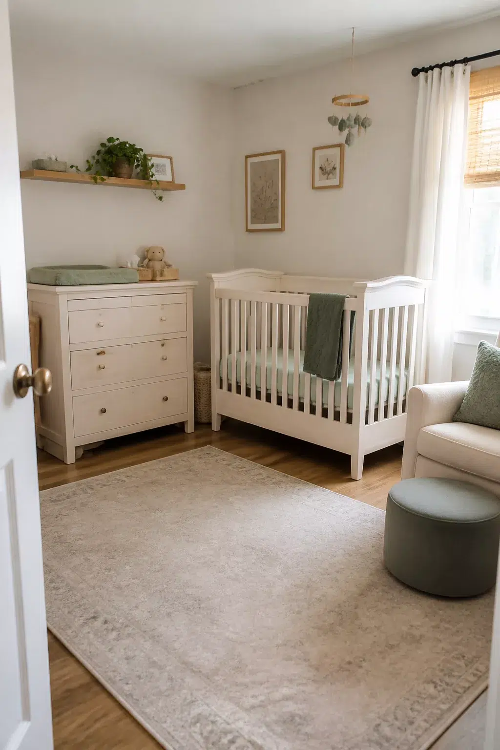 Cream dresser changing table nursery ideas with matching white crib, sage green accents, and glider in small neutral room