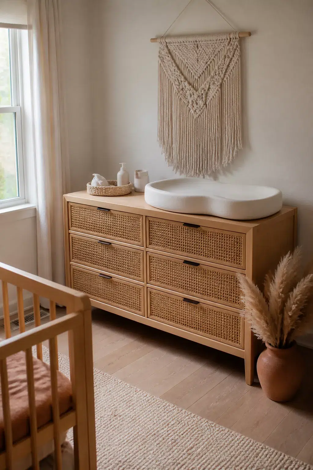 Boho changing table nursery idea with rattan dresser, macramé wall hanging, and pampas grass accent