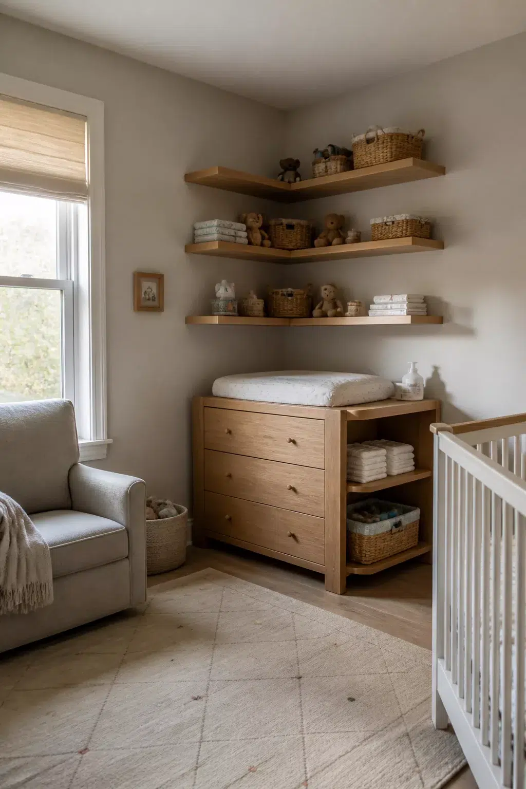 Corner changing table nursery ideas with natural oak dresser, floating shelves, and wicker baskets in a neutral nursery