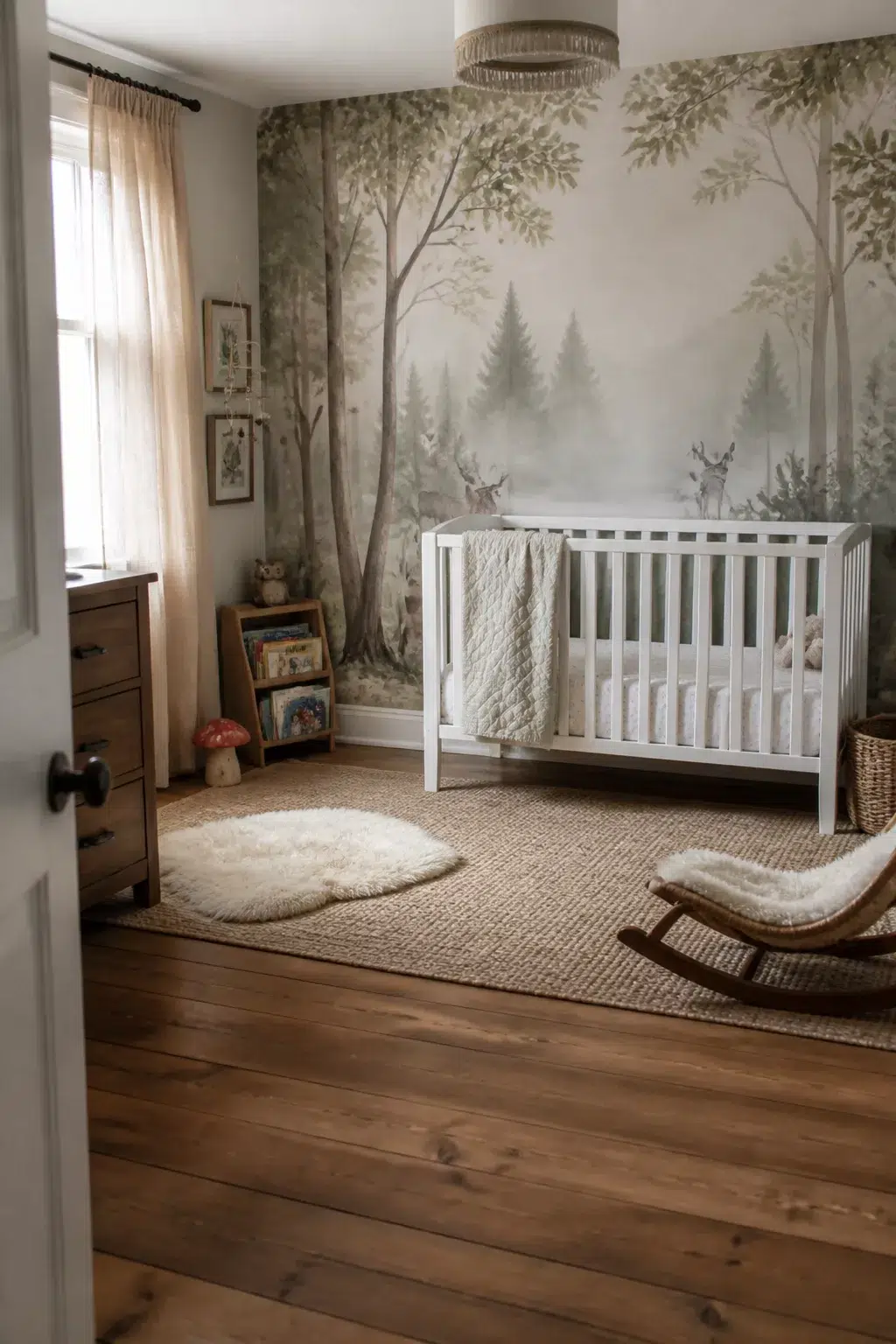 Enchanted forest nursery with a soft watercolor tree mural, white crib, jute rug, and warm wood floors.
