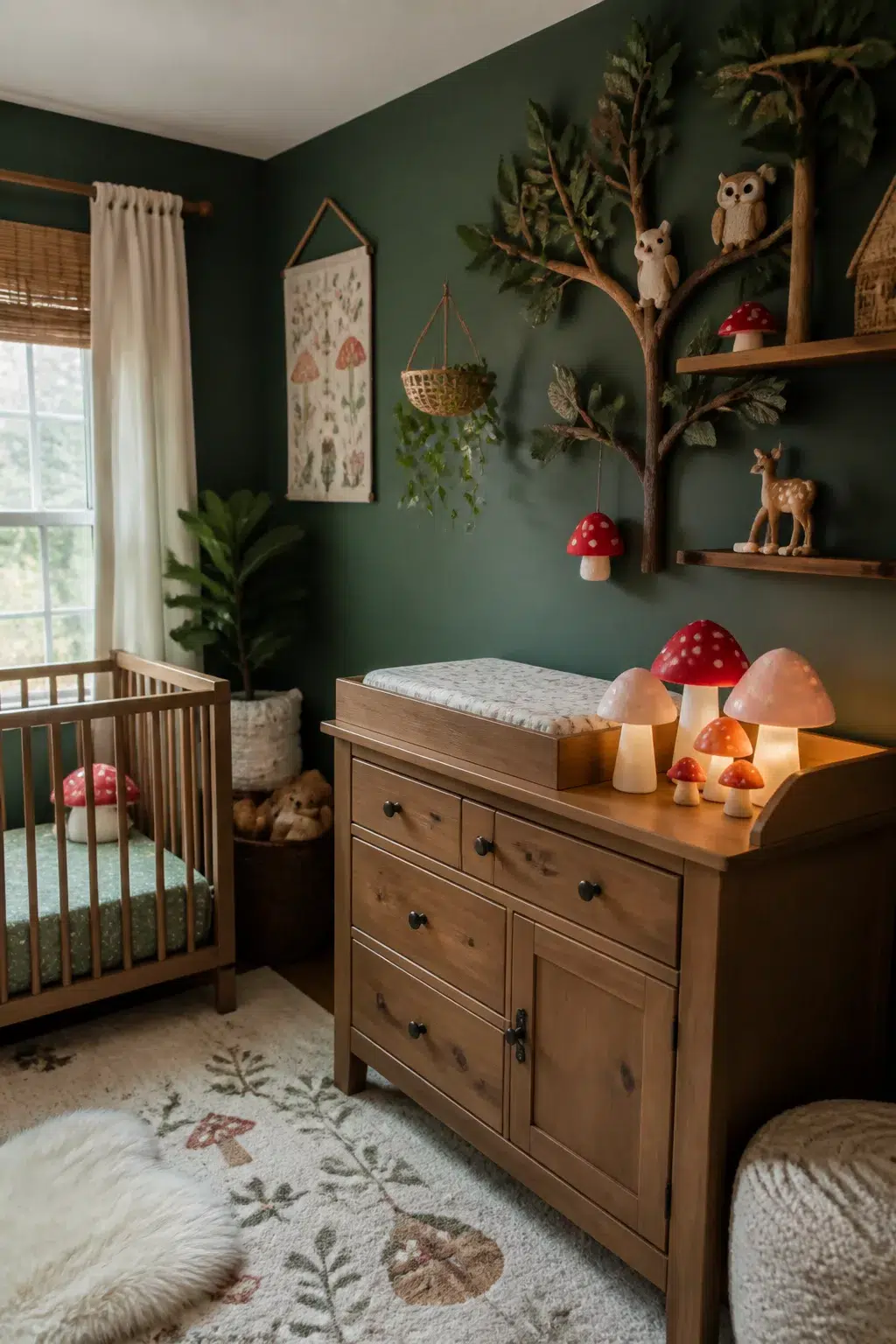 Enchanted forest nursery with red mushroom lamps, branching wall shelf, woodland figurines, and deep green walls