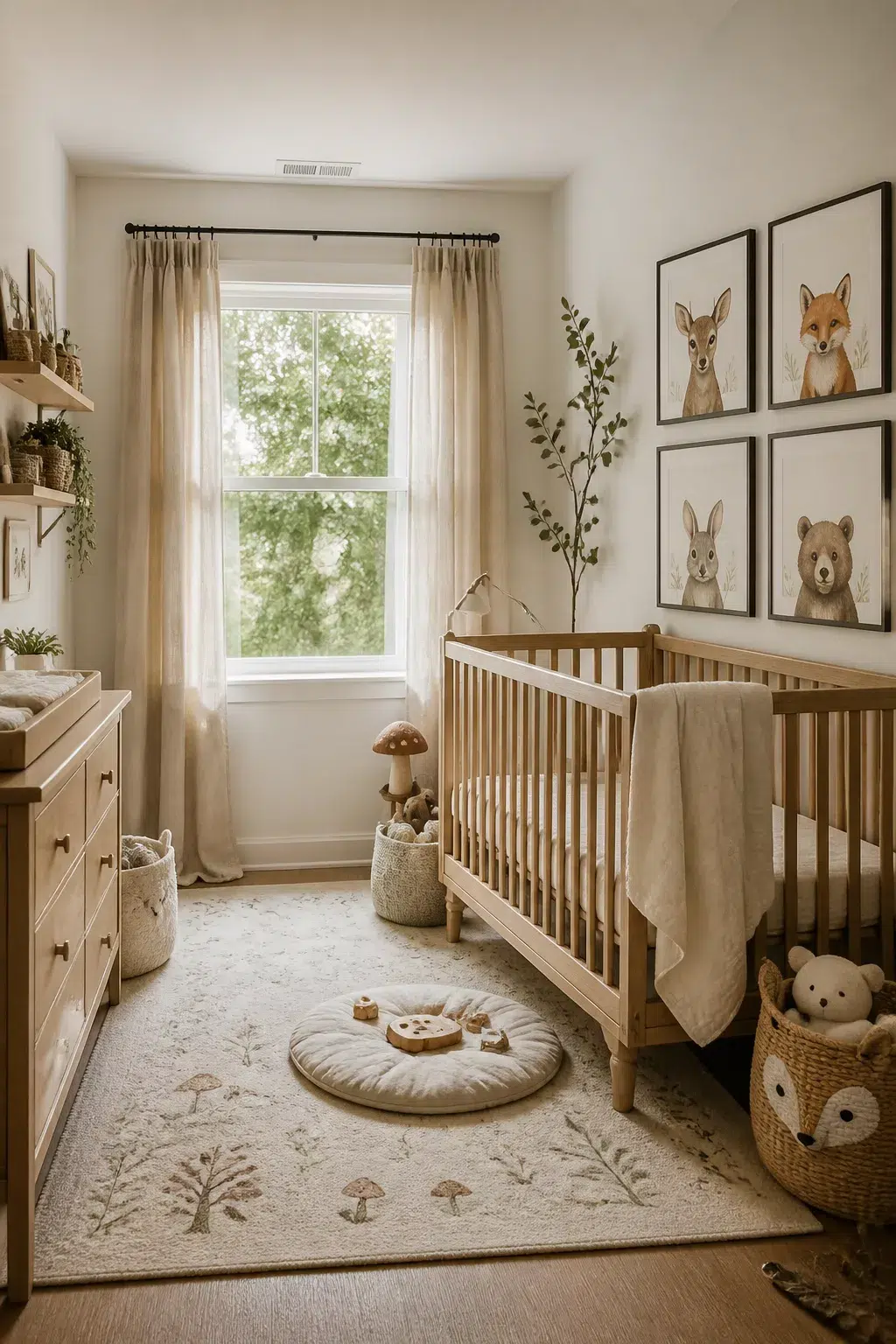 Enchanted forest nursery with natural wood crib, woodland animal prints, and a mushroom-illustrated rug