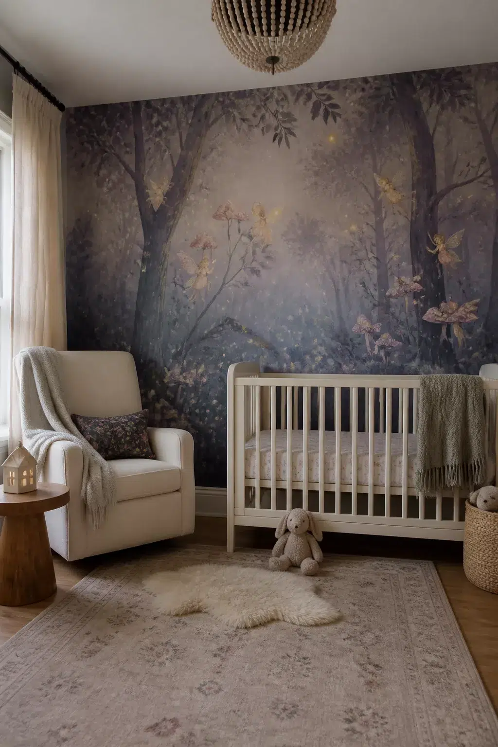 Enchanted forest nursery with fairy mural in dusty blues, cream glider, beaded chandelier, and layered rugs