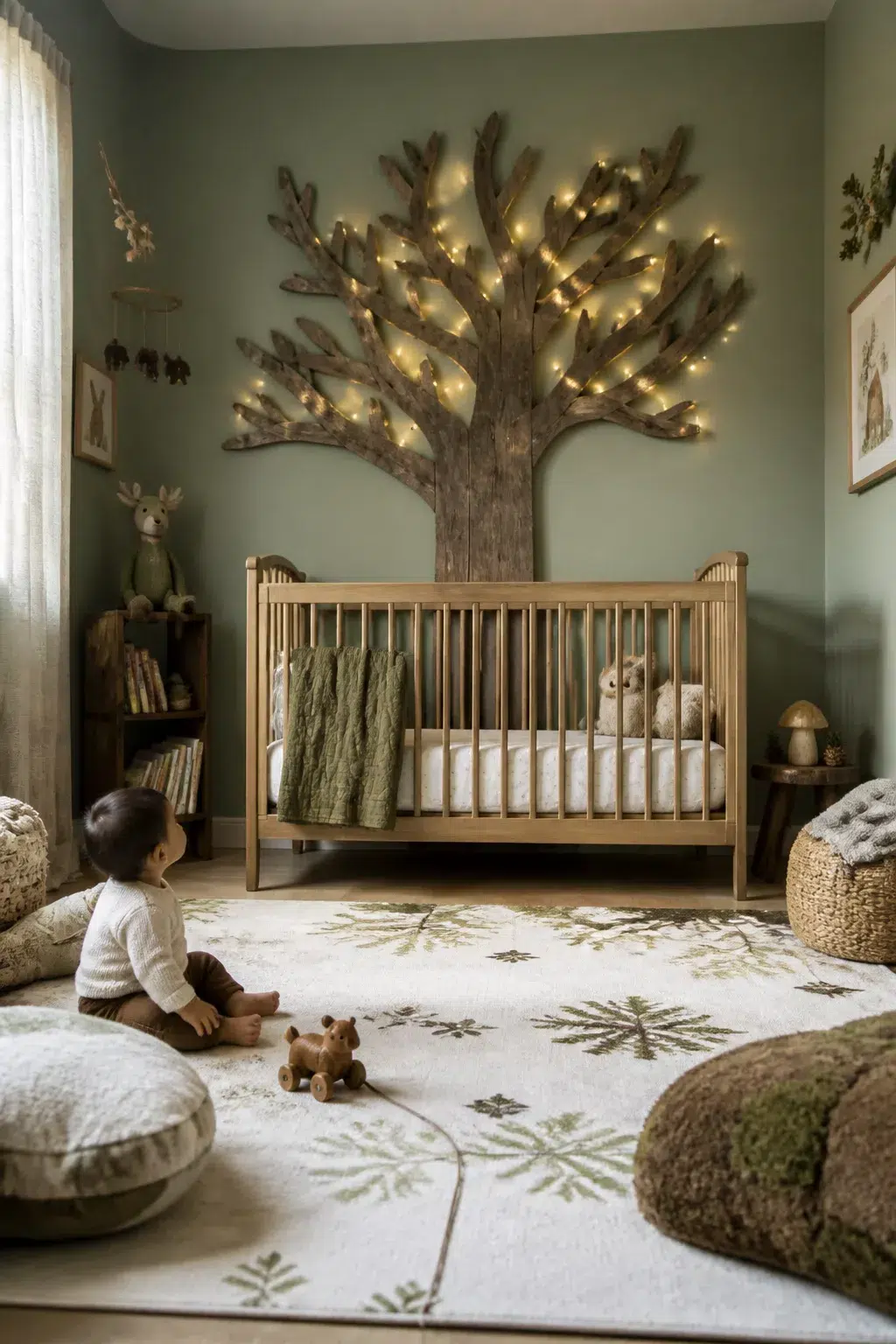 Enchanted forest nursery with a lit reclaimed wood tree wall panel above a natural wood crib on sage green walls.