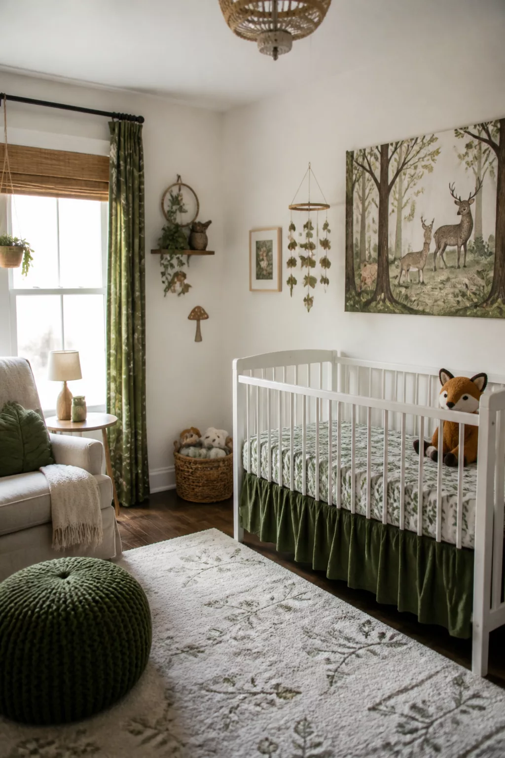 Enchanted forest nursery with olive crib skirt, leaf-print bedding, woodland art, and fox plush toy.