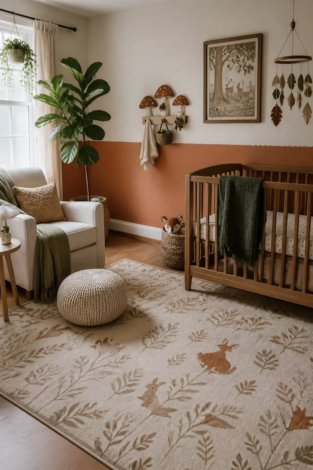 Enchanted forest nursery with terracotta half-wall, woodland animal rug, wood crib, and fiddle-leaf fig plant
