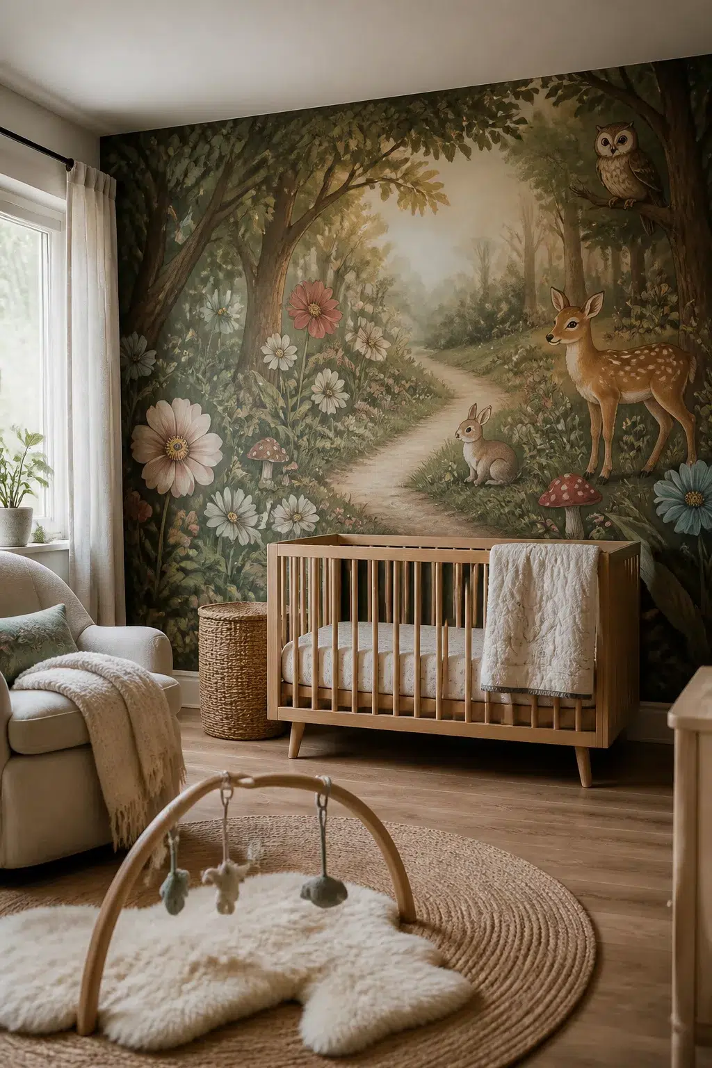 Enchanted forest nursery with storybook woodland path mural, natural wood crib, jute rug, and wicker basket storage