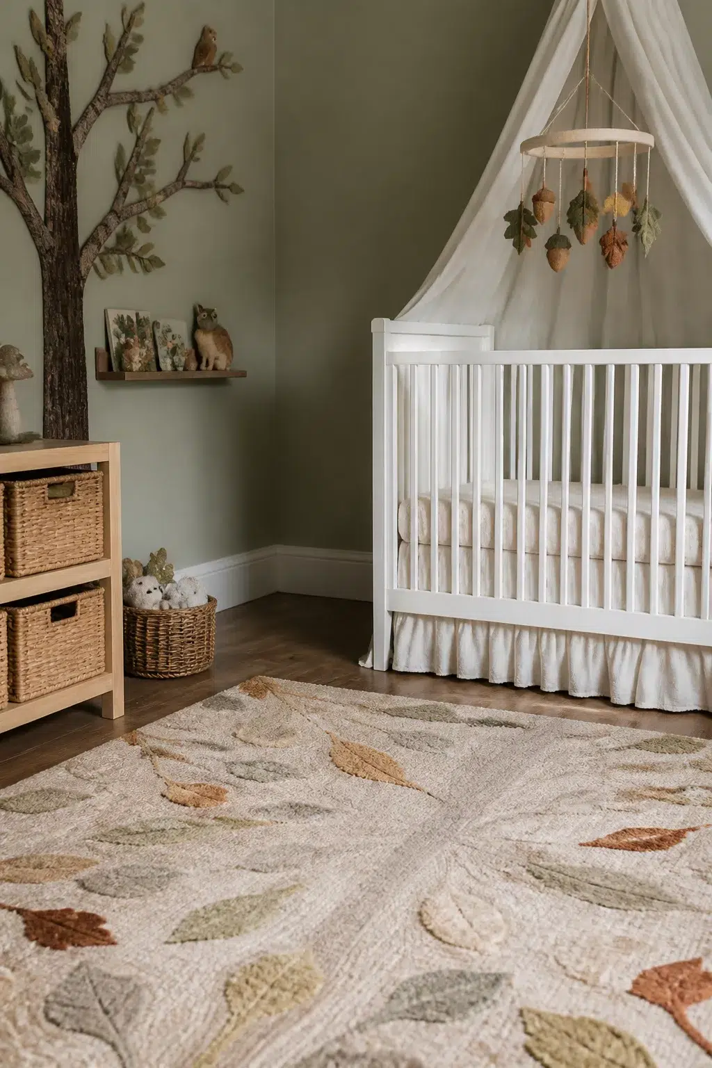 Enchanted forest nursery with felt acorn and leaf mobile over white crib, sage green walls, and woodland tree mural