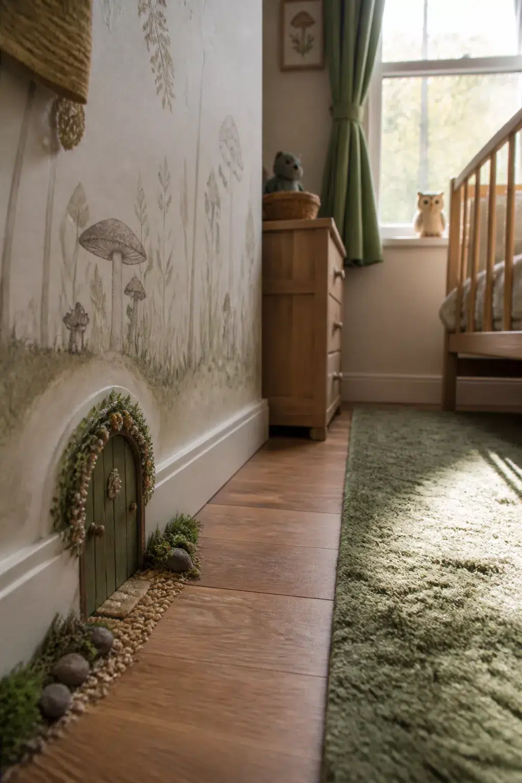 Enchanted forest nursery fairy door detail at baseboard with pebble path and mushroom mural wall