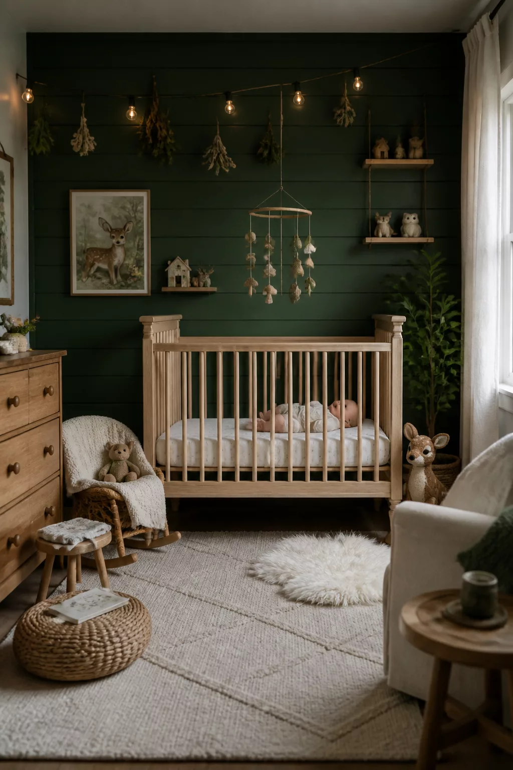 Enchanted forest nursery with dark emerald shiplap wall, natural wood crib, string lights, and woodland decor