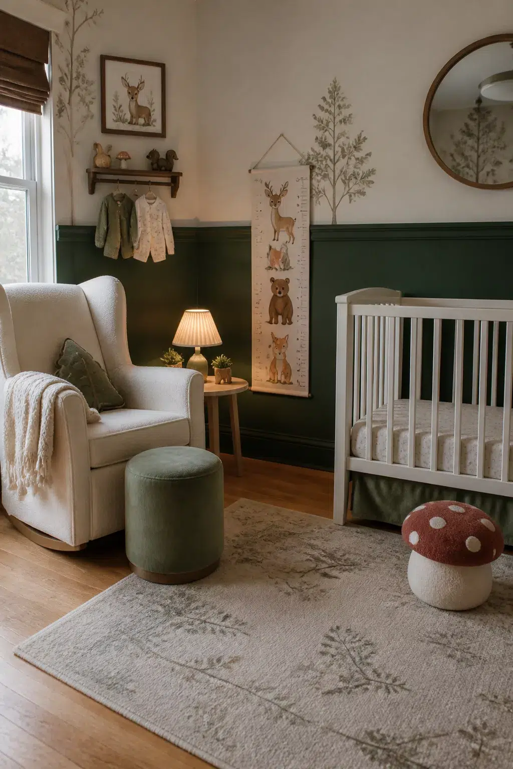 Enchanted forest nursery with dark green wainscoting, cream walls, woodland decals, white crib, and glider.