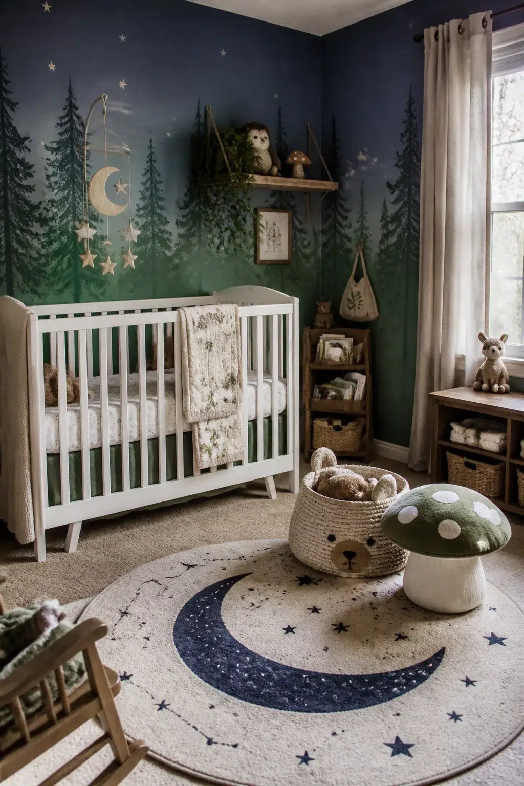 Enchanted forest nursery with navy pine tree mural, crescent moon rug, white crib, and mushroom stool accent.