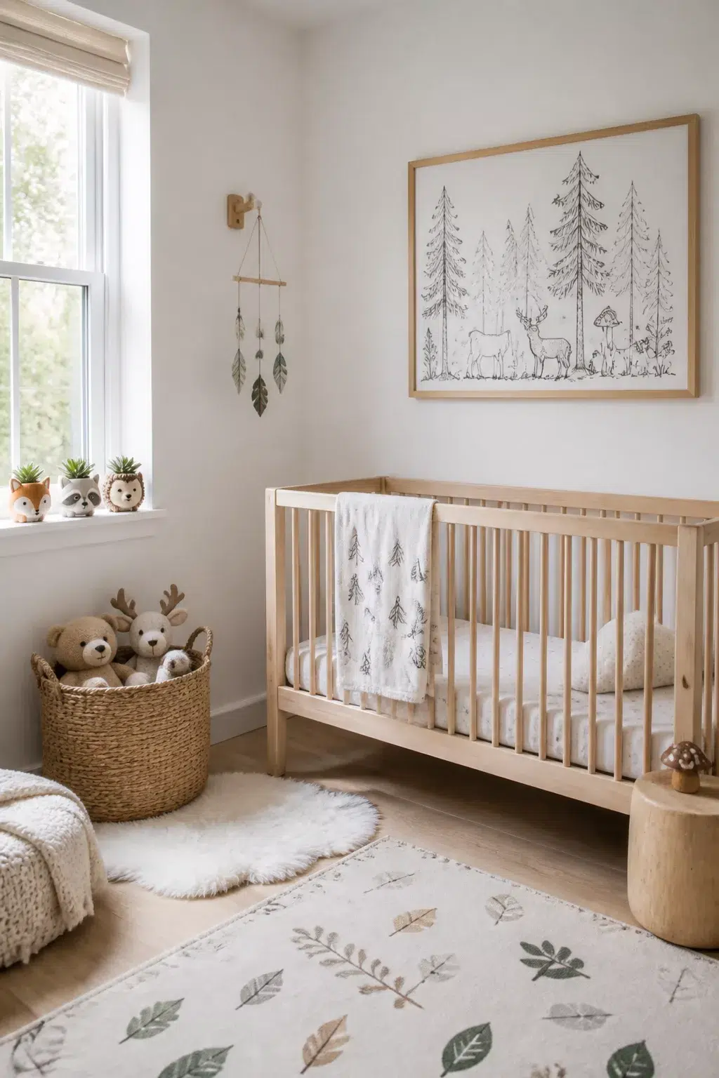 Scandinavian minimalist enchanted forest nursery with line-art woodland print, leaf rug, and light wood crib
