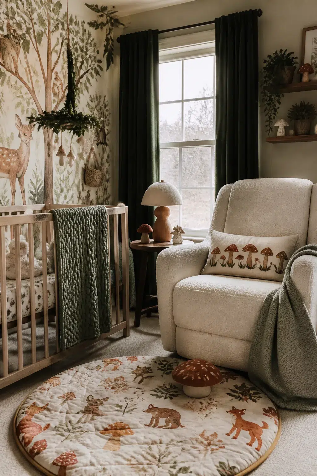 Enchanted forest nursery with boucle glider, mushroom pillow, woodland mural, and layered green knit textiles