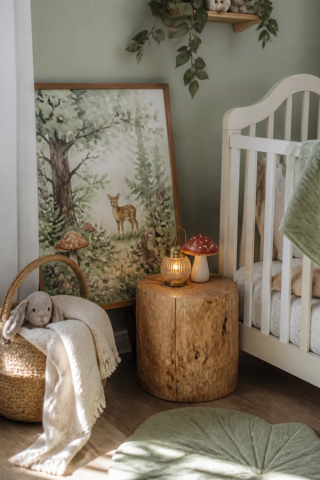 Enchanted forest nursery corner with tree stump table, glowing mushroom lamp, and watercolor deer print