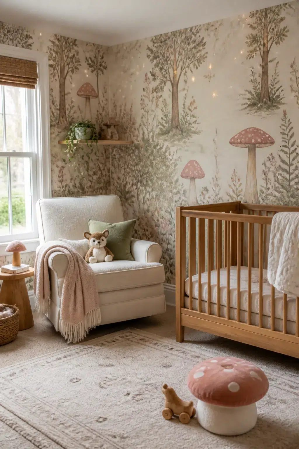 Enchanted forest nursery with mushroom and fern wallpaper mural, wood crib, and cream glider