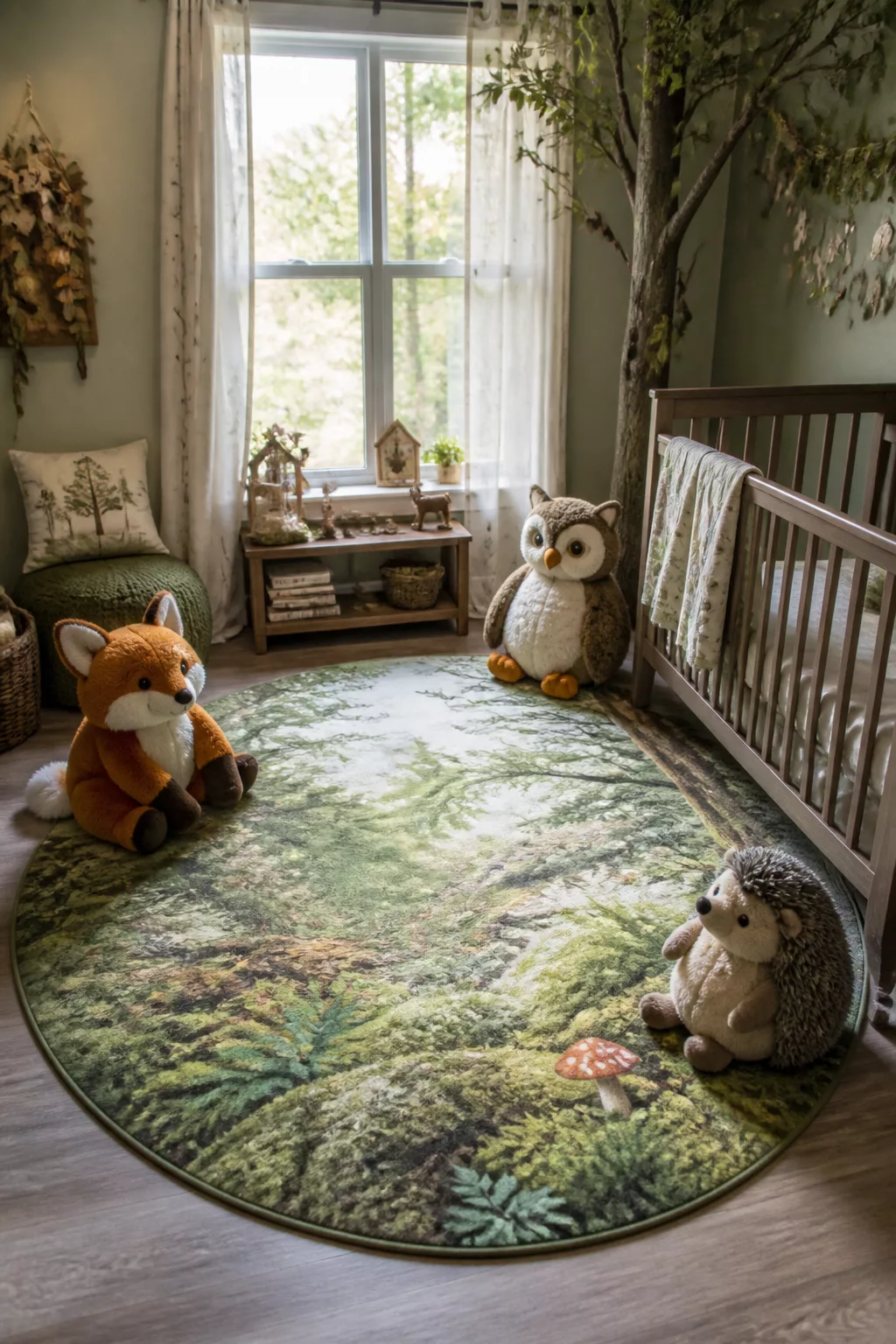 Enchanted forest nursery with oval forest floor rug and fox, owl, hedgehog plush toys beside a gray crib