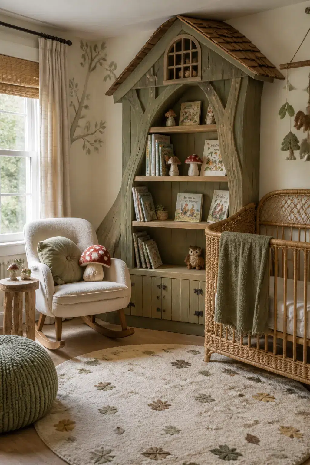 Enchanted forest nursery with sage green treehouse bookshelf, wicker crib, and woodland decor
