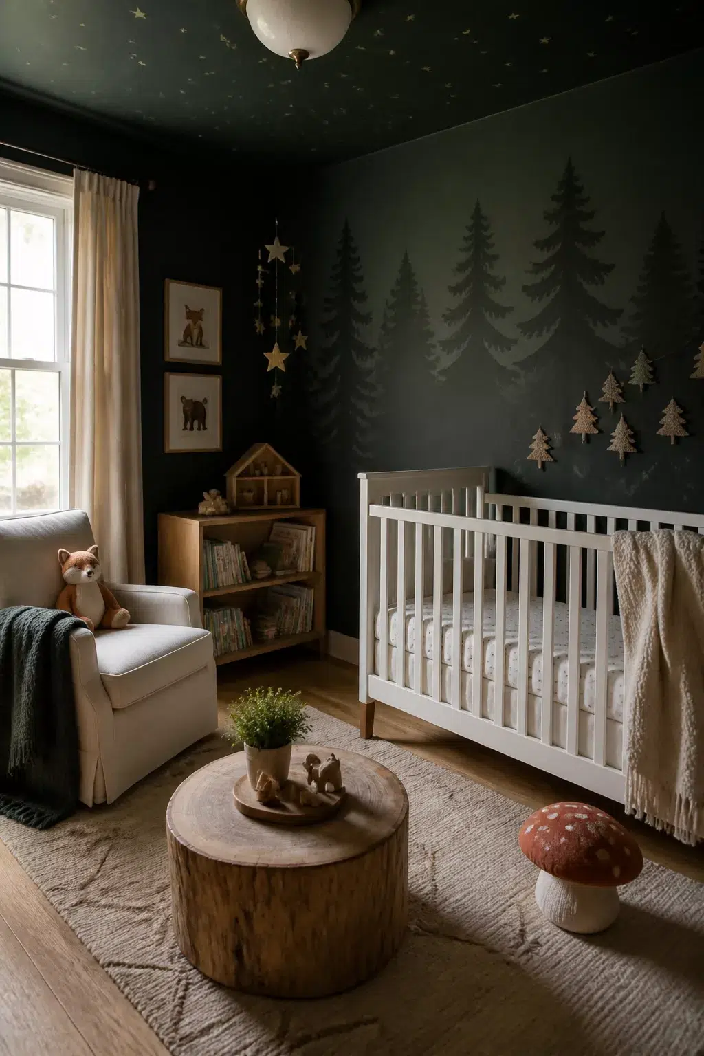 Dark enchanted forest nursery with pine tree silhouettes, star-painted ceiling, white crib, and wood stump accent table